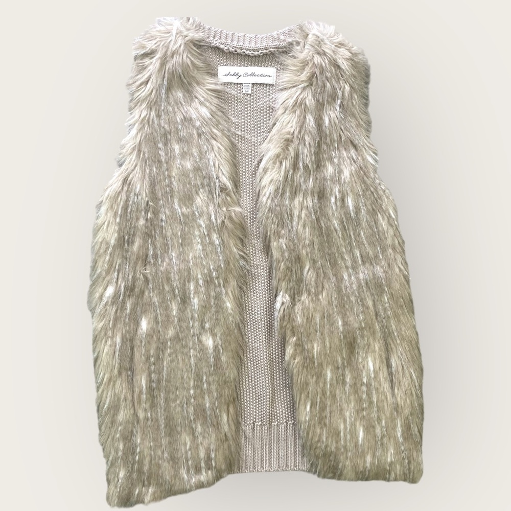 Sweater Vest with Faux Fur Front, Light Neutral Colors, Size Small Petite